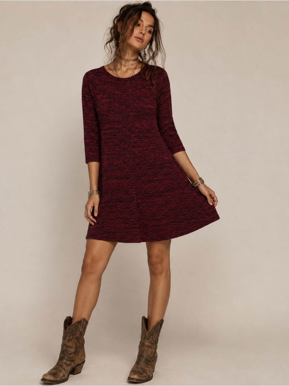 Pinc Burgundy Black Marled Knit Swing Dress 3/4 Sleeve Cozy Chic Tunic Sweater M